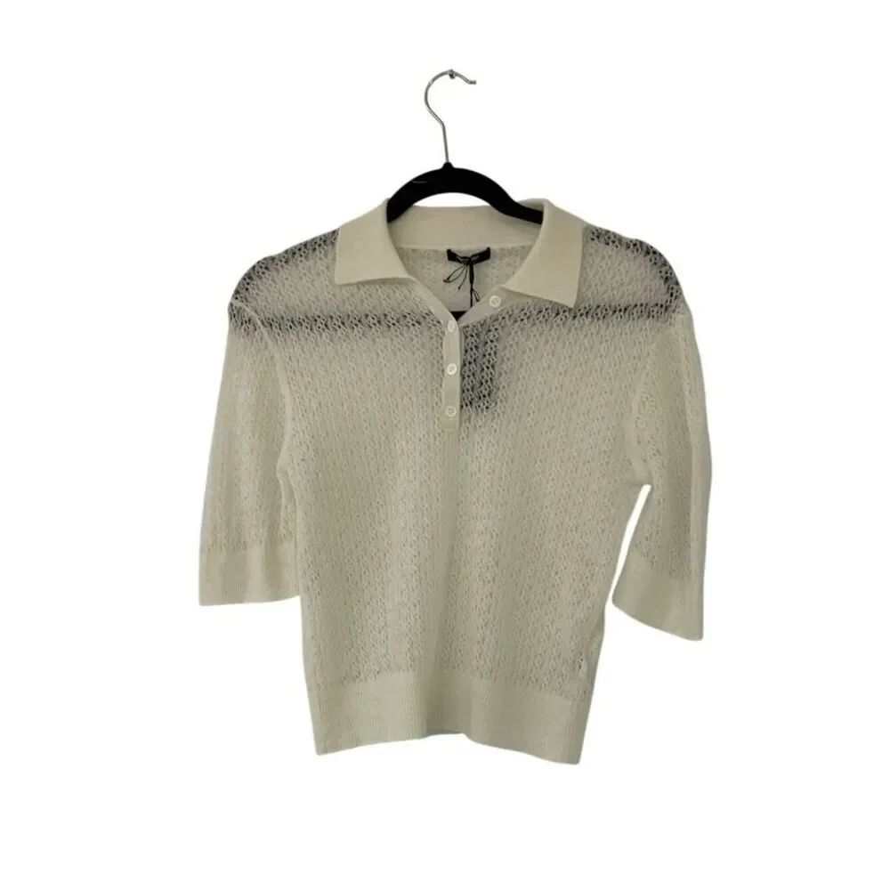 Massimo Dutti Womens Open-Knit Polo Shirt Medium Ecru ivory cream 5640/612 NWT